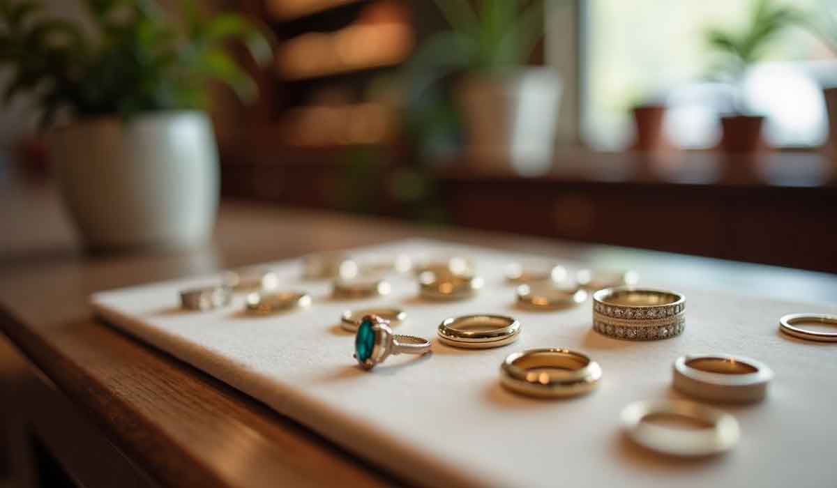 Several gold rings and a gemstone ring are displayed on a white tray atop a wooden surface, with potted plants in the blurred background.