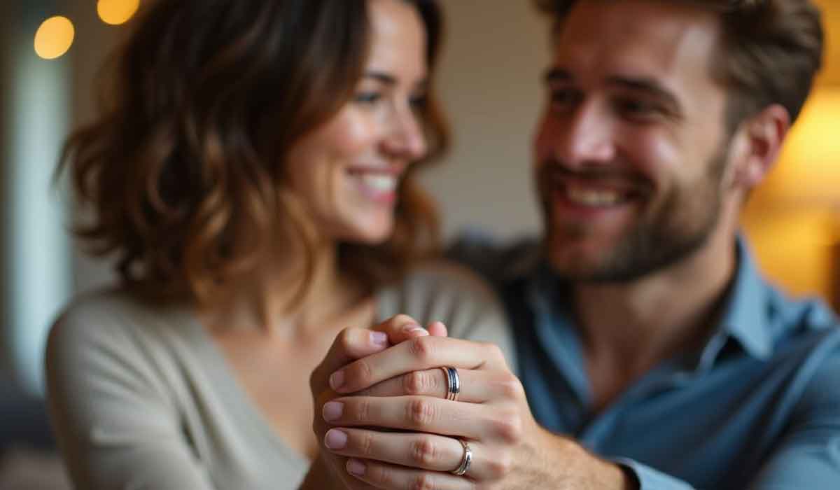 A smiling couple sits close together, holding hands and showing matching rings on their fingers, with a softly lit background.