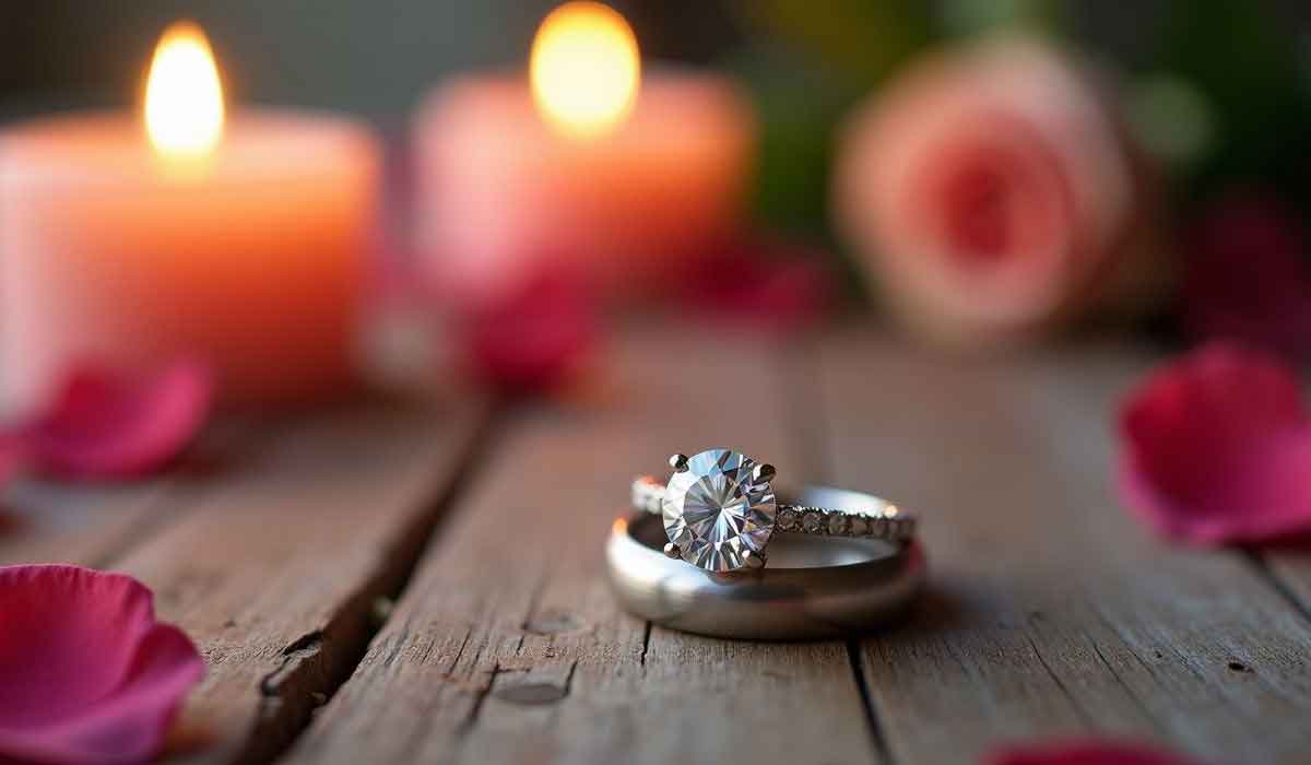 Two wedding rings, one with a diamond, rest on a wooden surface surrounded by rose petals, lit candles, and a blurred rose in the background.