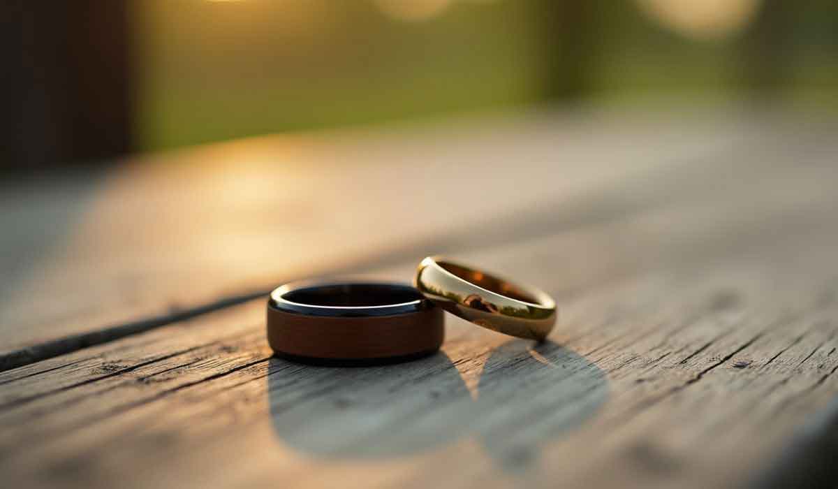 A gold ring and a darker metal ring rest on a wooden surface with sunlight in the background.