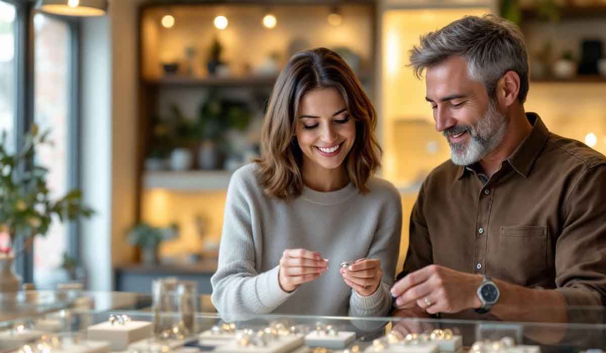A smiling woman and man examine rings together at a jewelry store counter, surrounded by displays of rings and soft lighting in the background.