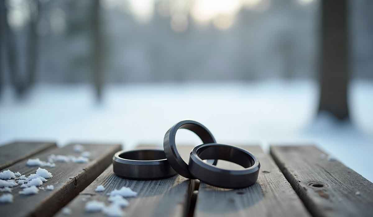 Three metal rings rest on a wooden surface with scattered snow. A snowy, blurred forest is visible in the background.