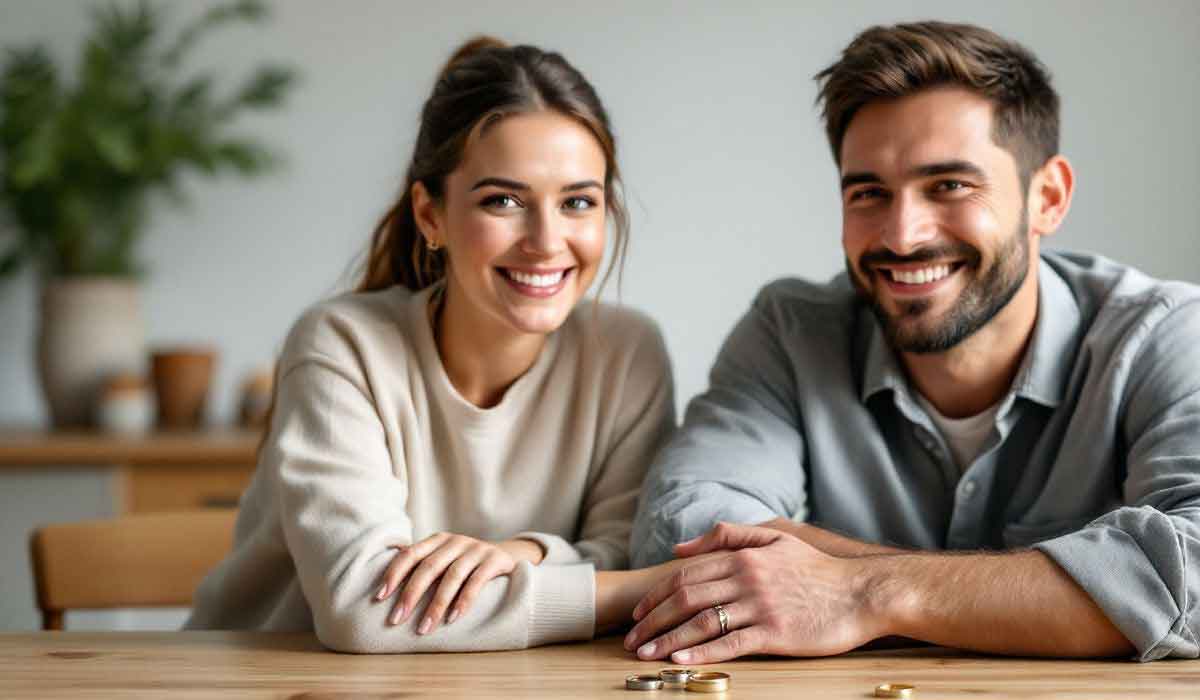 A smiling man and woman sit at a table together, holding hands. Two wedding rings are placed on the table in front of them.