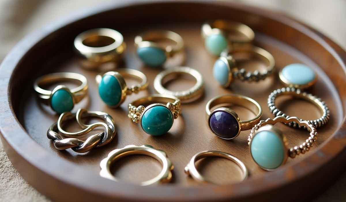 A round wooden tray holds an assortment of gold rings with various colored stones, including green, blue, and purple, displayed in an organized manner.