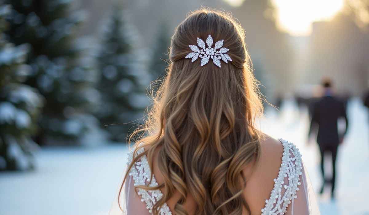 A woman with long, wavy hair and a jeweled hairpiece stands outdoors in a snowy setting, wearing a white dress with beaded details.