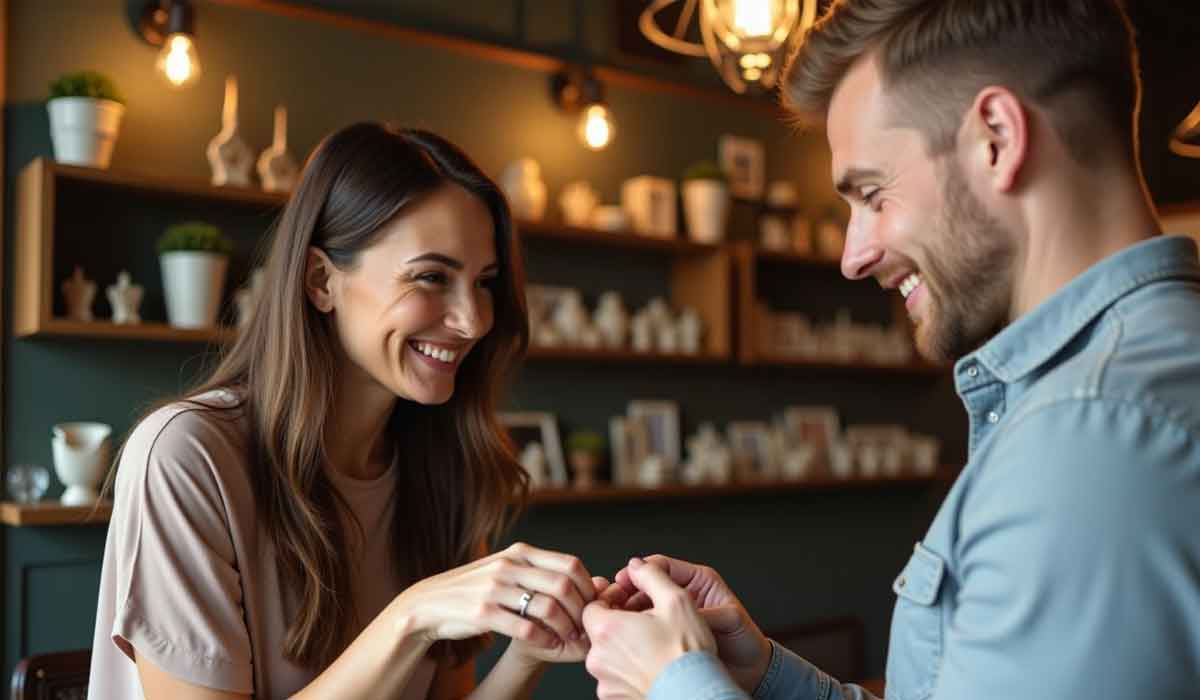 A woman and a man smile at each other while holding hands in a cozy room with shelves decorated with small plants and ornaments.