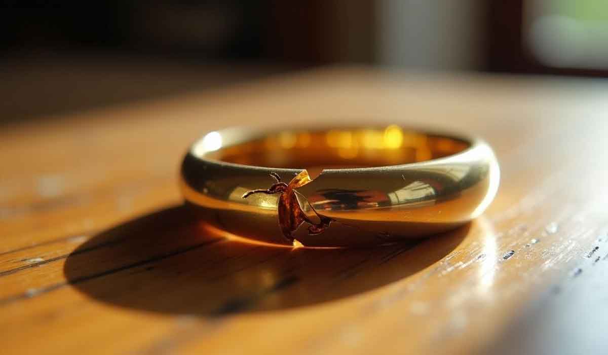 A gold ring with a small sprout growing from a crack sits on a wooden surface, illuminated by natural light.