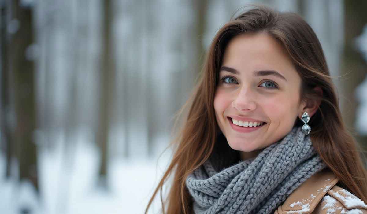 Young woman with long brown hair smiles outdoors in a snowy forest, wearing a gray scarf and earrings, with snow on her coat.