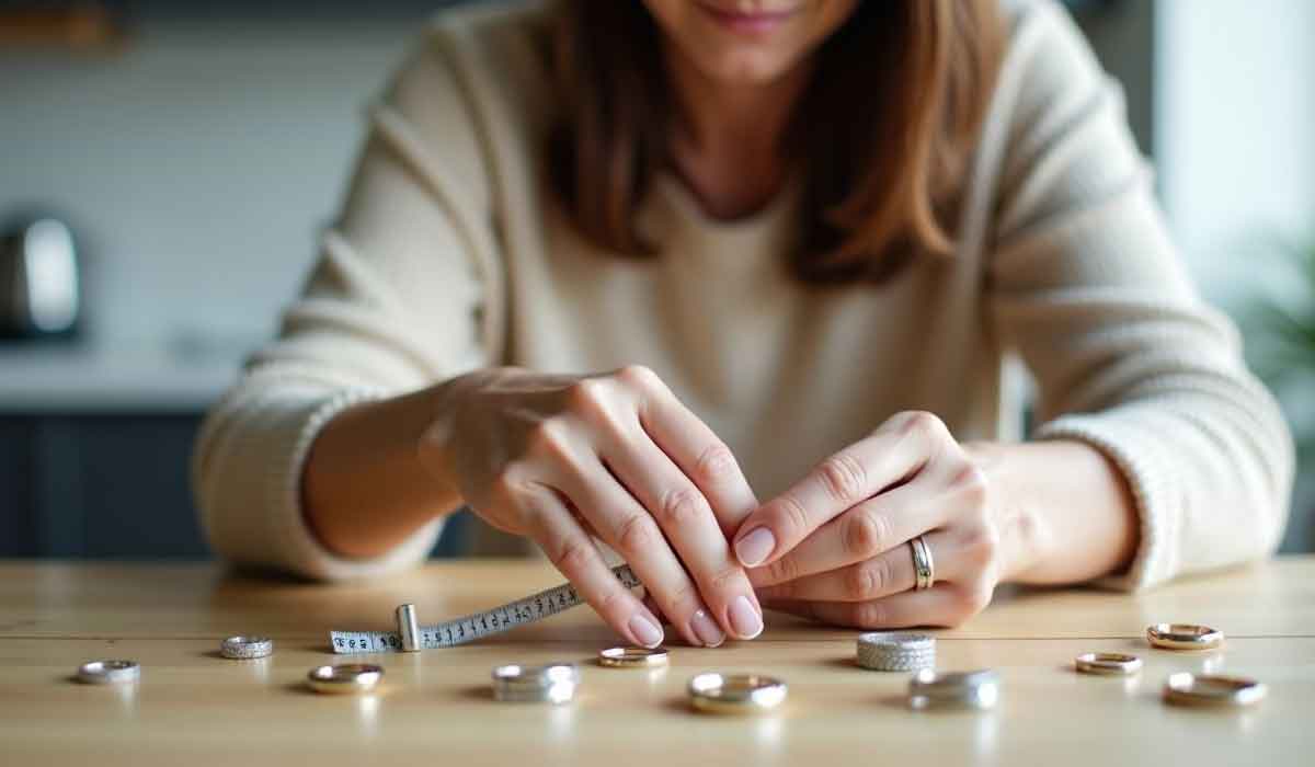 A woman measures her finger with a tape measure while various rings are spread out on a wooden table.