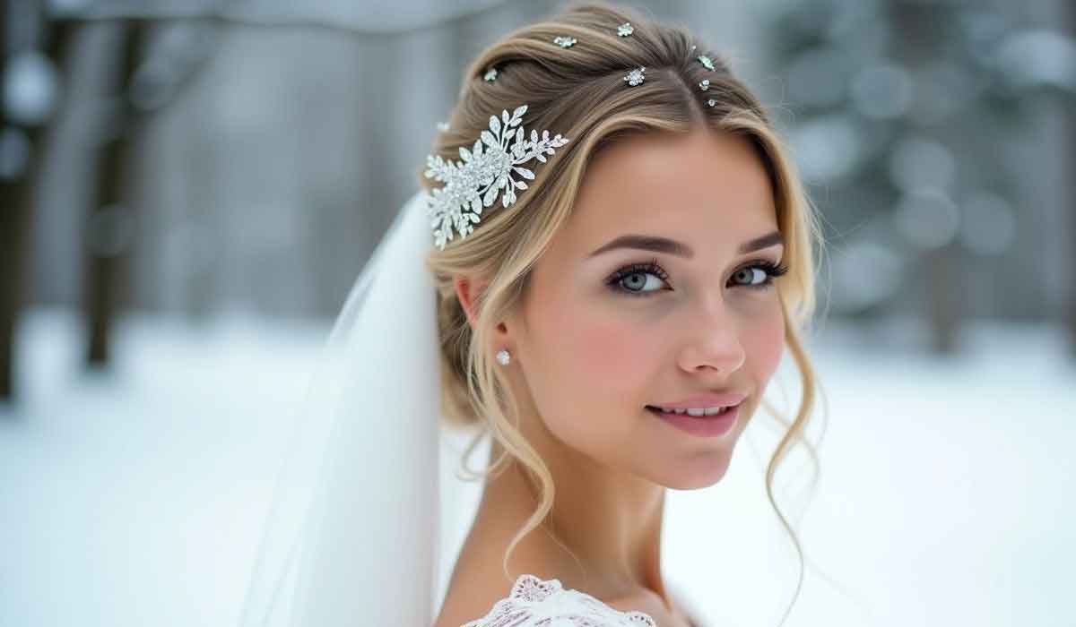 A bride with a jeweled hair accessory and veil stands outdoors in a snowy landscape, looking at the camera.
