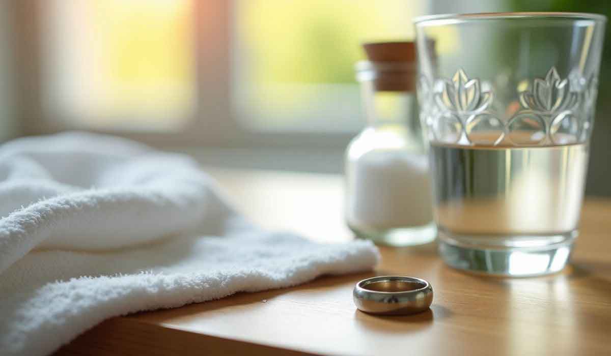 A gold ring on a wooden surface next to a glass of water, a jar of salt, and a folded white towel.