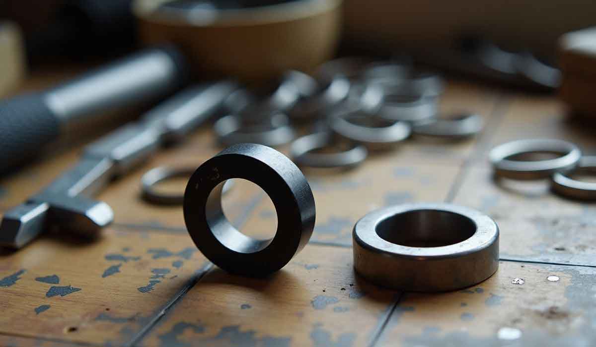 Two metal rings are on a wooden surface with more metal rings and a tool blurred in the background.