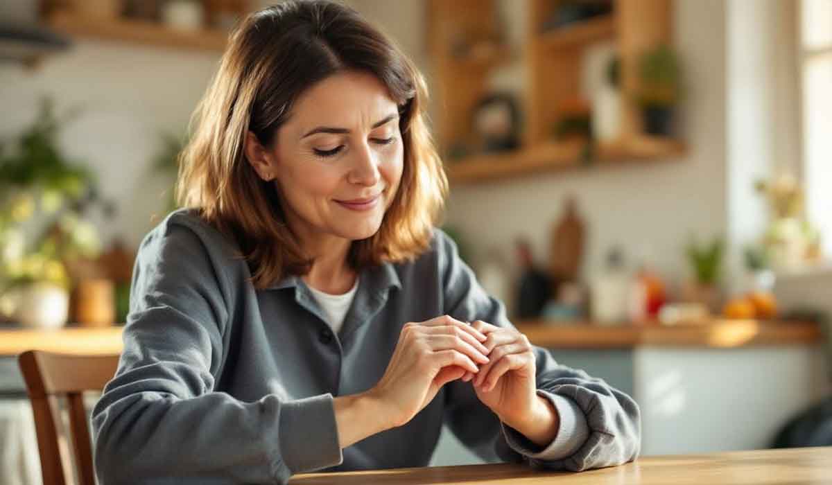A woman sits at a wooden table in a cozy kitchen, looking down and smiling while gently touching her fingers together.