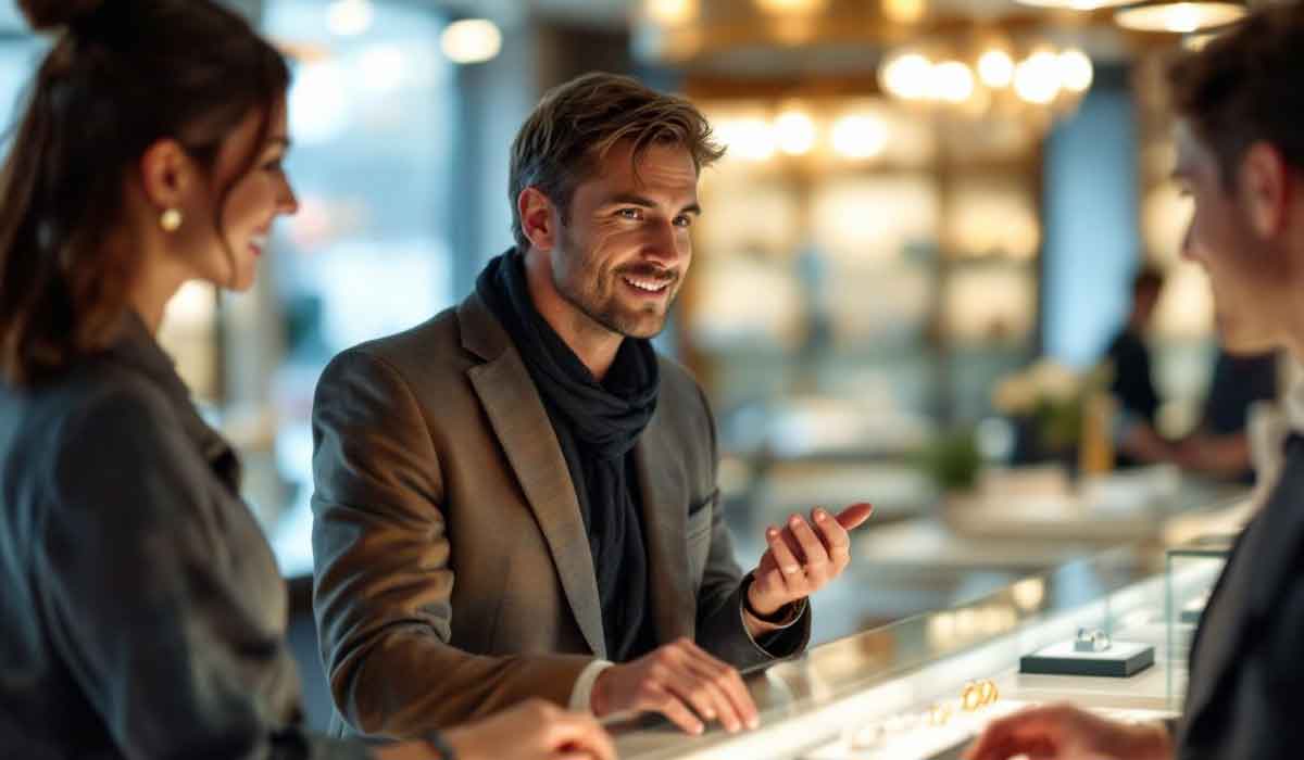 Three people stand at a jewelry counter; a man in a blazer and scarf smiles while holding a ring, speaking to a salesperson. The store is well-lit with display cases.