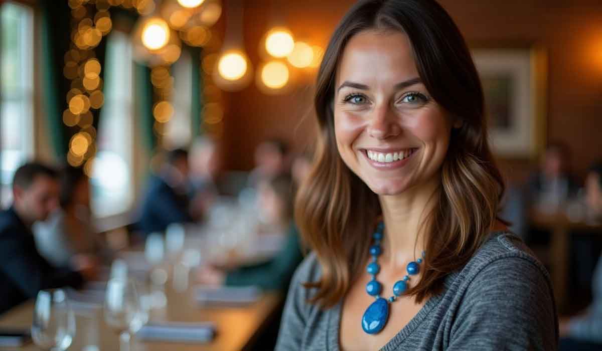 Smiling woman in a gray top and blue necklace stands in a warmly lit restaurant with blurred people dining in the background.