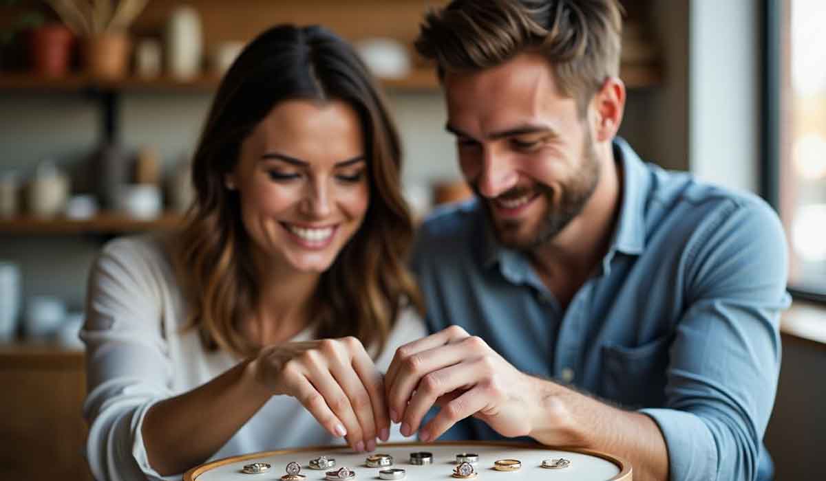 A smiling couple sits at a table choosing rings from a display tray in a well-lit room.