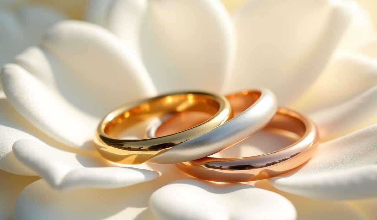 Three metallic wedding bands—gold, silver, and rose gold—rest on the petals of a white flower in soft natural light.