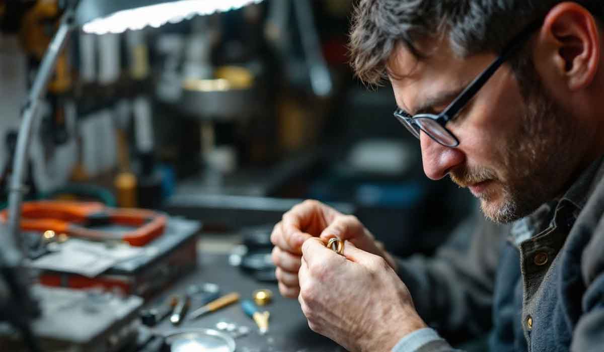 A person wearing glasses examines a small object closely at a workbench, surrounded by tools and parts under a bright desk lamp.