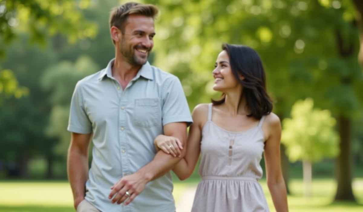A man and a woman walk arm in arm outdoors, smiling at each other, with trees and greenery in the background.