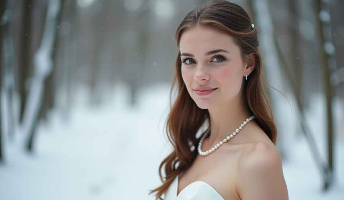 A woman in a white dress and pearl necklace stands in a snowy forest, looking at the camera with a slight smile.