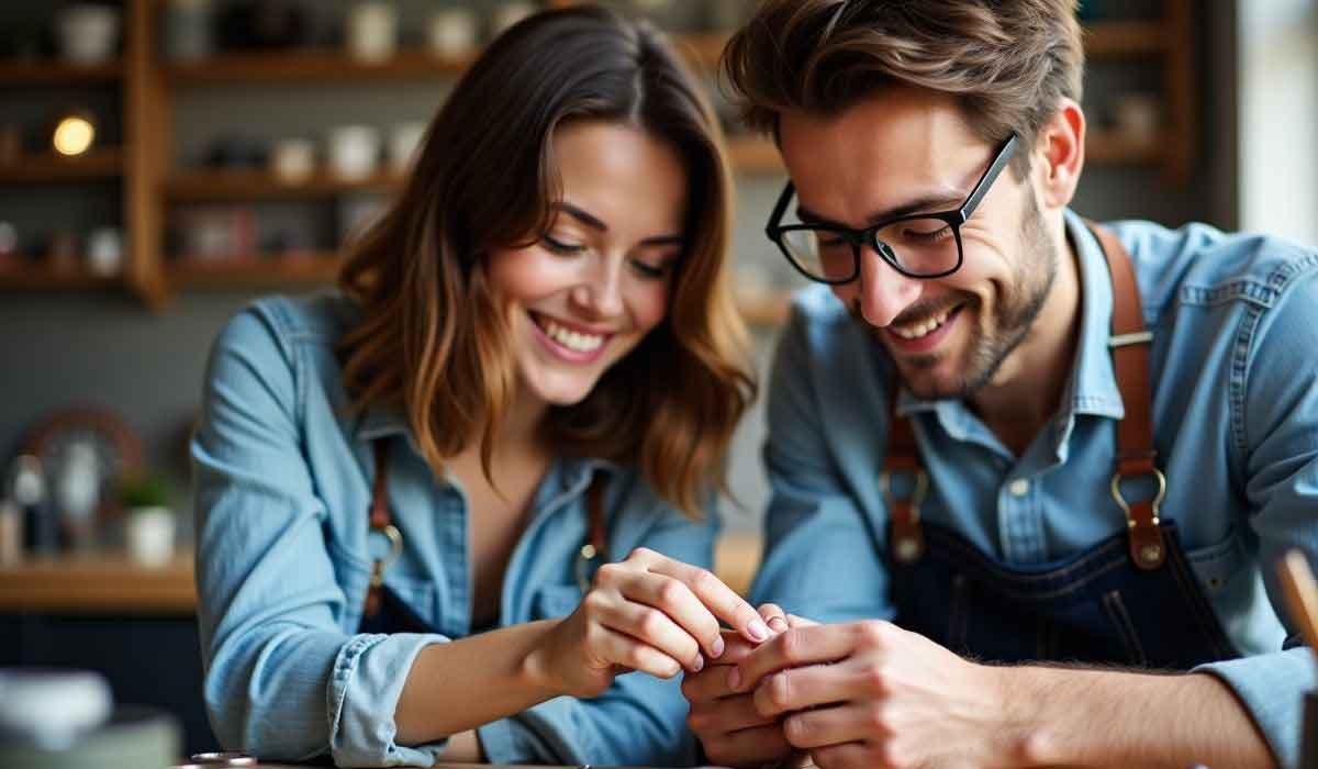 Two people wearing denim shirts and aprons smile and work together on a small craft project at a table in a cozy indoor setting. Shelves with jars and cups are visible in the background.