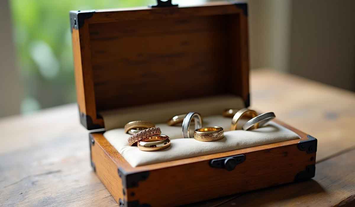 A wooden box with a cushioned interior displays various gold and silver rings on a wooden table.