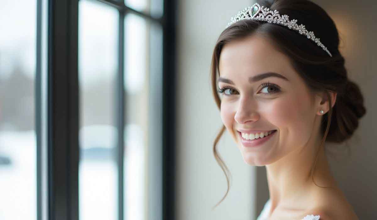 Woman wearing a jeweled tiara and white dress smiles while standing near a window with a blurred outdoor view.