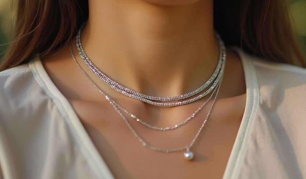 A woman wearing three layered silver necklaces, one with a pearl pendant, over a cream-colored blouse.