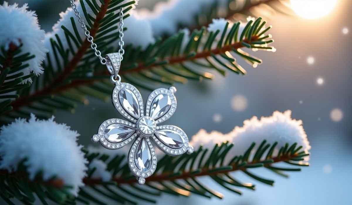 A silver flower-shaped pendant necklace hangs on a snow-covered pine branch with sunlight shining in the background.