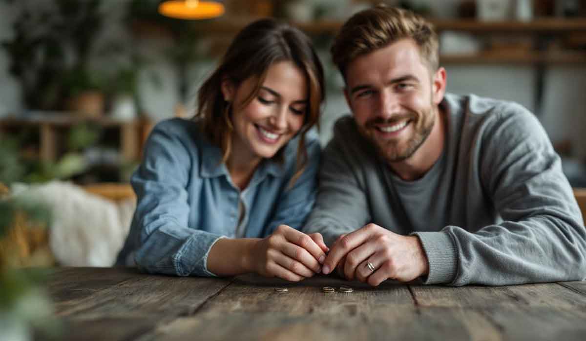 A man and woman sit at a wooden table, smiling and holding hands. Coins are scattered on the table in front of them.
