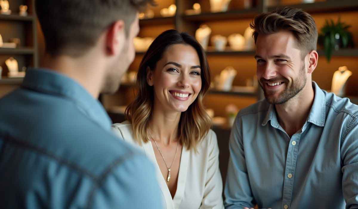 Three people sit together indoors, smiling and talking. The background features shelves with decorative items and soft lighting, creating a warm and casual atmosphere.