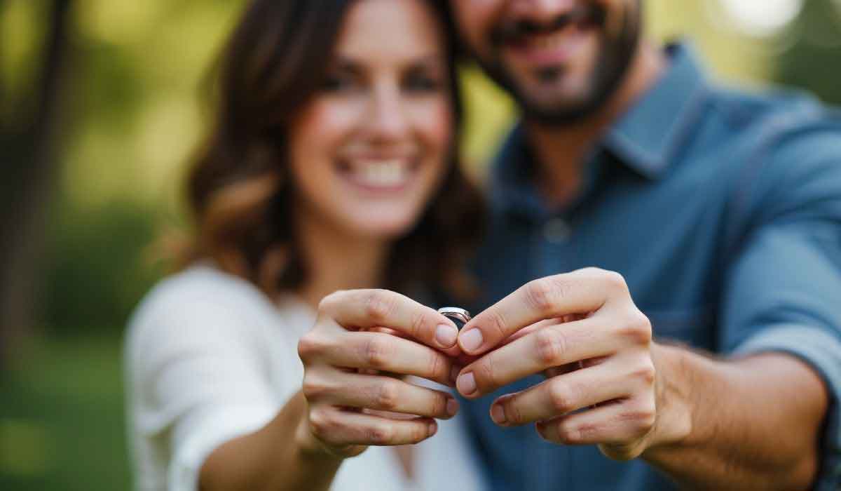 A smiling couple holds a ring together, with their faces out of focus and the ring in sharp detail.