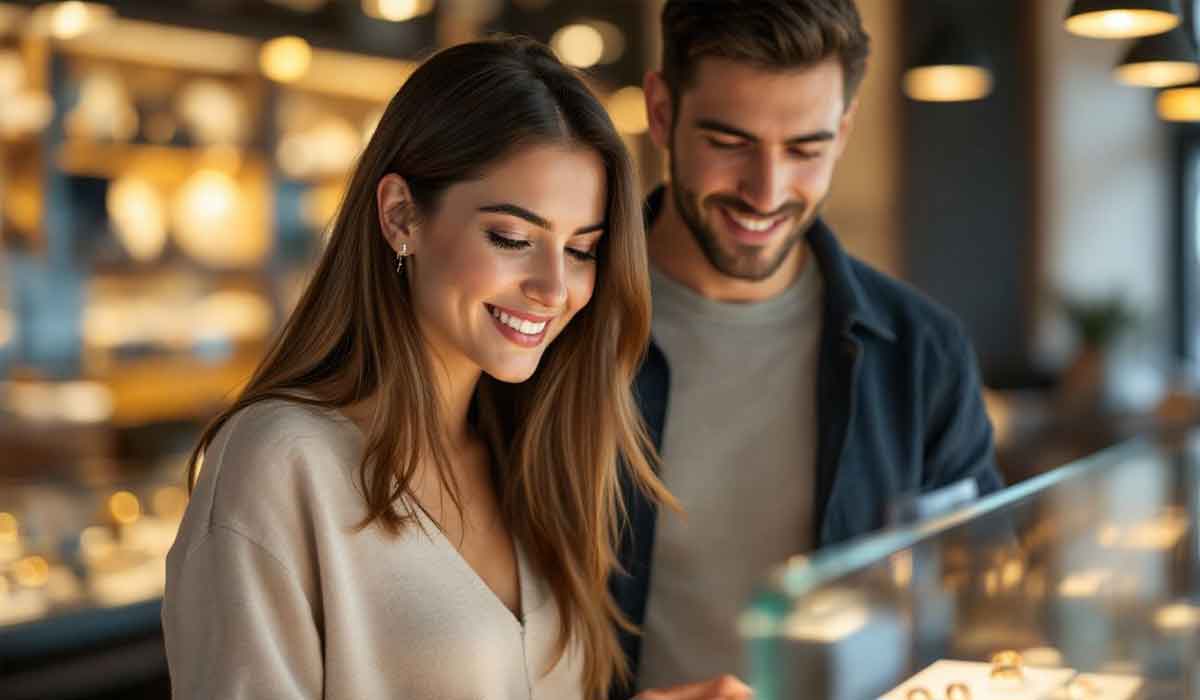 A woman and a man smile while looking at jewelry displayed in a glass case inside a well-lit store.