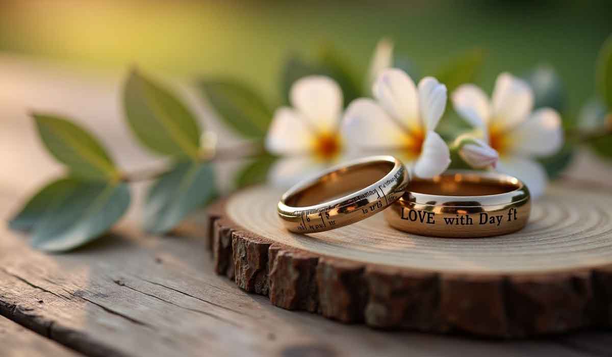 Two gold wedding rings engraved with text rest on a wooden slice, with white and yellow flowers and green leaves in the background.