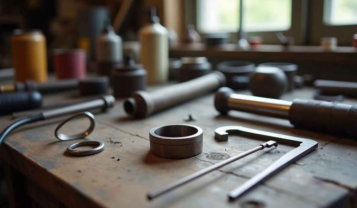 Assorted metal tools and machine parts are arranged on a wooden workbench in a workshop with soft daylight coming through a window.