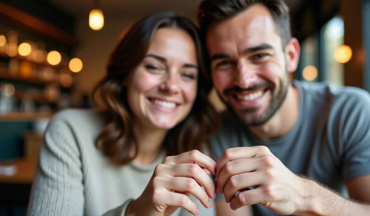 A smiling couple sits close together at a table indoors, holding hands and looking at the camera.
