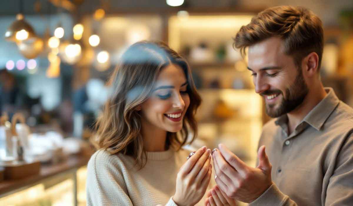 A woman and a man smile while looking at a small object in their hands inside a warmly lit cafe or restaurant.
