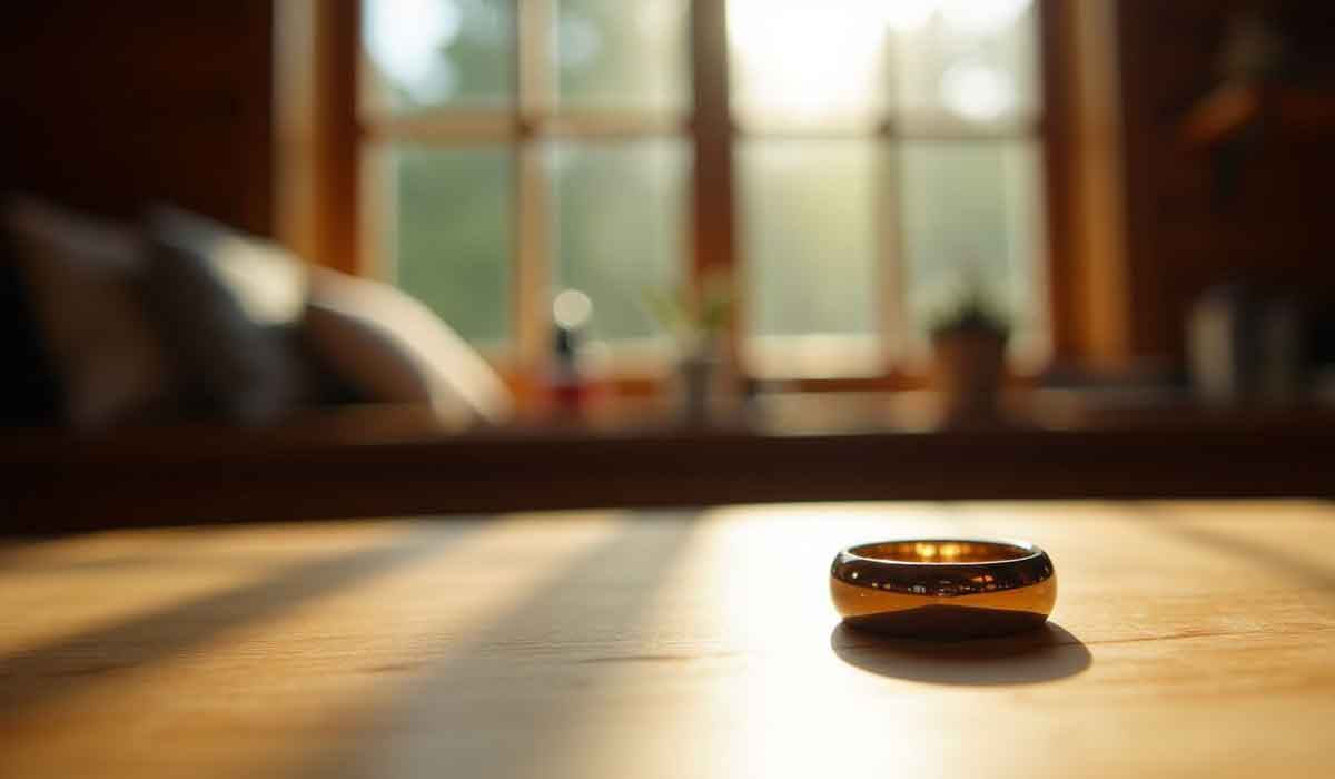 A gold ring rests on a wooden table in a sunlit room, with a window and blurred background objects visible.