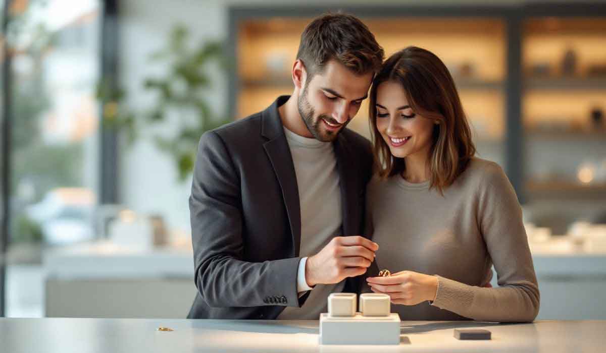 A man and woman standing together at a counter, smiling while examining rings displayed in a jewelry store.