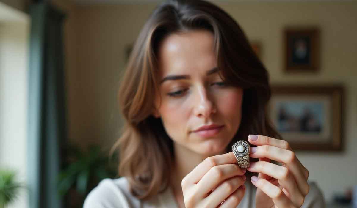 A woman with brown hair examines a large ornate ring with a central pearl and intricate metalwork, indoors with blurred background.