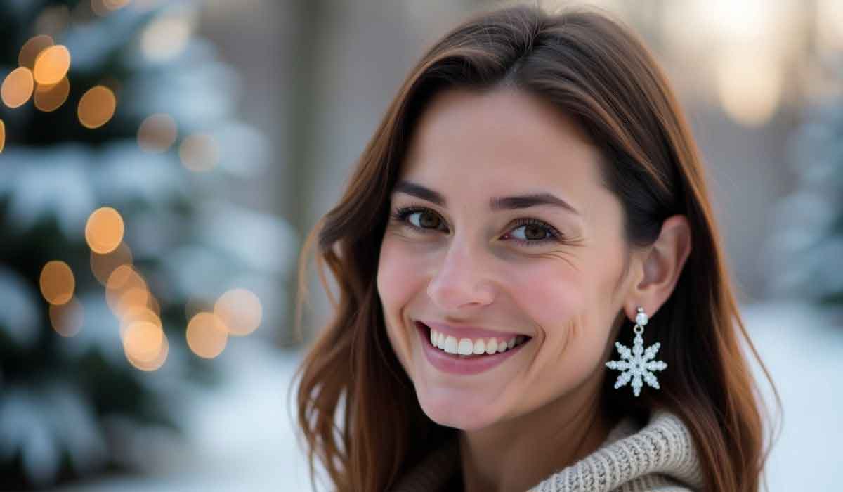 Woman with long brown hair smiling outdoors in winter, wearing a beige sweater and snowflake-shaped earrings. Snow and blurred Christmas lights are visible in the background.