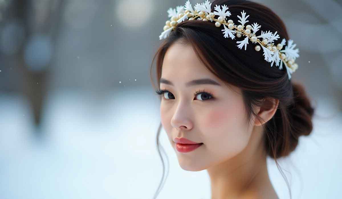 Woman with a floral headpiece and natural makeup stands outdoors in a snowy setting, looking at the camera.