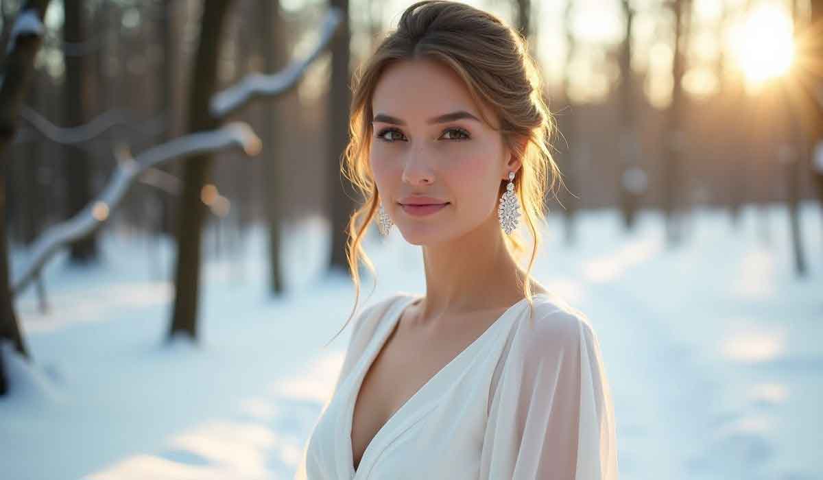 A woman in a white dress with statement earrings stands in a snowy forest at sunset, looking at the camera.