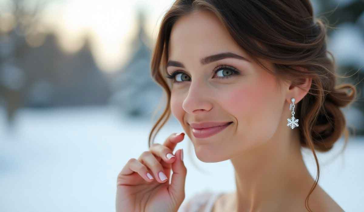 Woman with light brown hair wearing a white top and snowflake earrings smiles outdoors in a snowy winter setting.