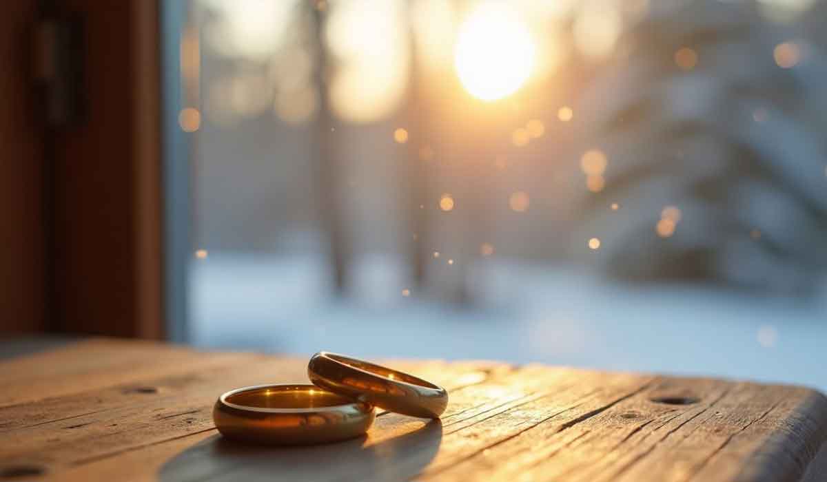 Two gold wedding rings rest on a wooden surface near a window with soft sunlight streaming in and a snowy landscape visible outside.