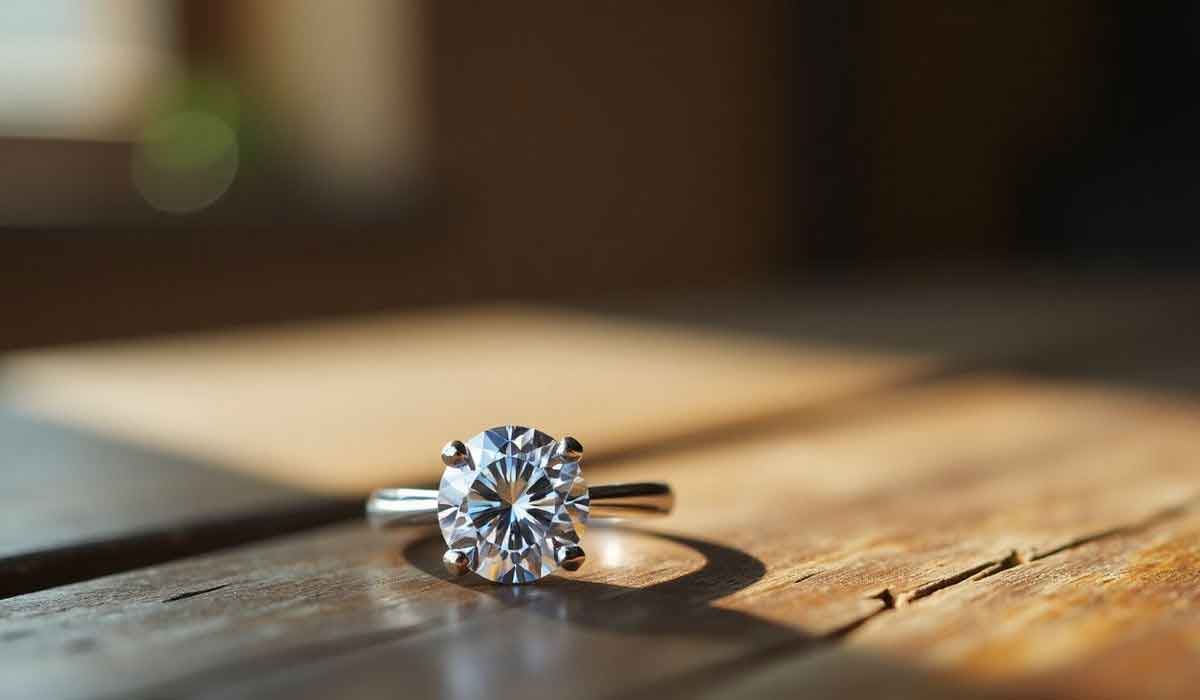 A silver engagement ring with a large round diamond is placed on a wooden surface in natural sunlight.