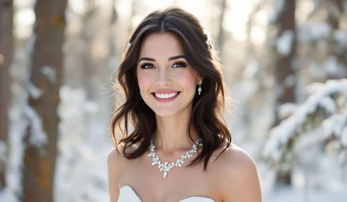 Woman in a strapless white dress, wearing a silver necklace and earrings, smiles outdoors with snow-covered trees in the background.