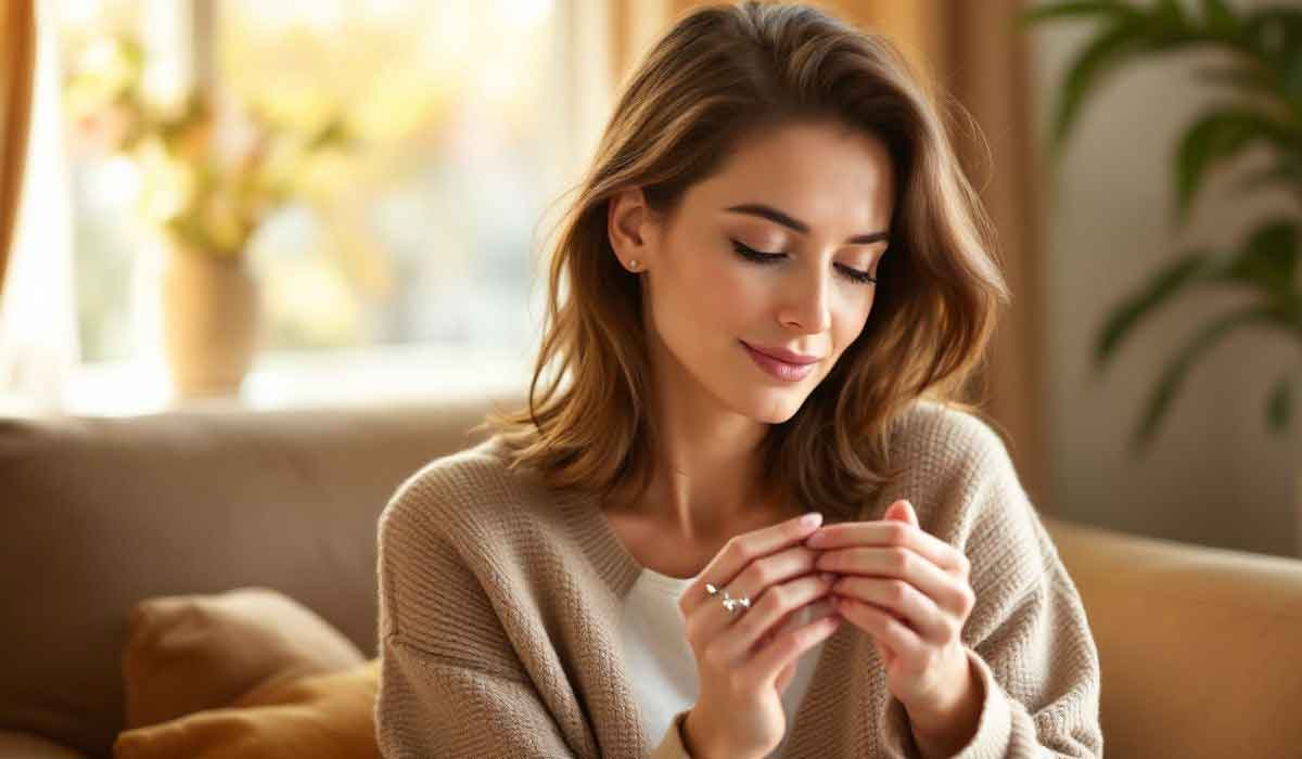 A woman with shoulder-length brown hair sits on a sofa, looking at her hands. She wears a beige sweater and the background features a window and plants.