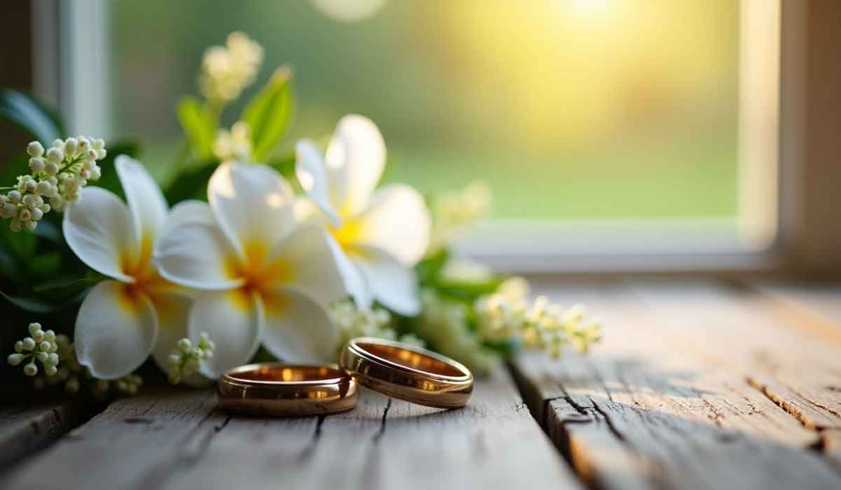 Two gold wedding rings rest on a wooden surface beside white and yellow flowers, with sunlight streaming through a window in the background.