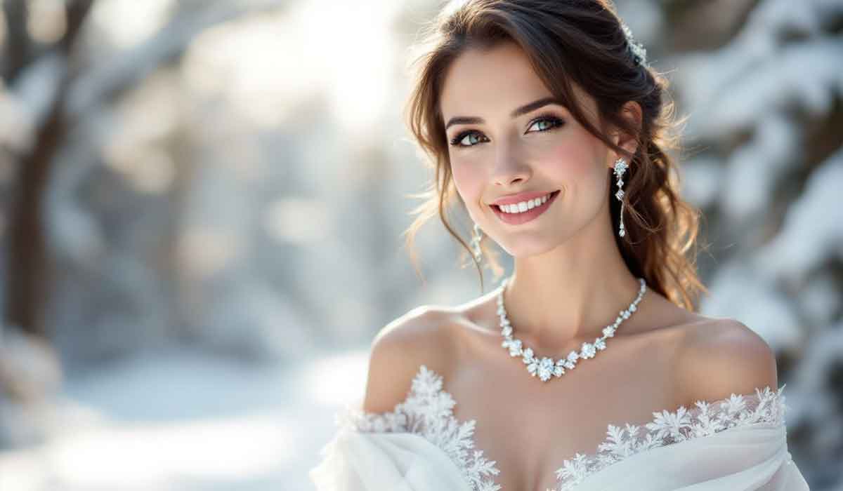 A woman in a white wedding dress and jewelry smiles outdoors with snowy trees in the background.